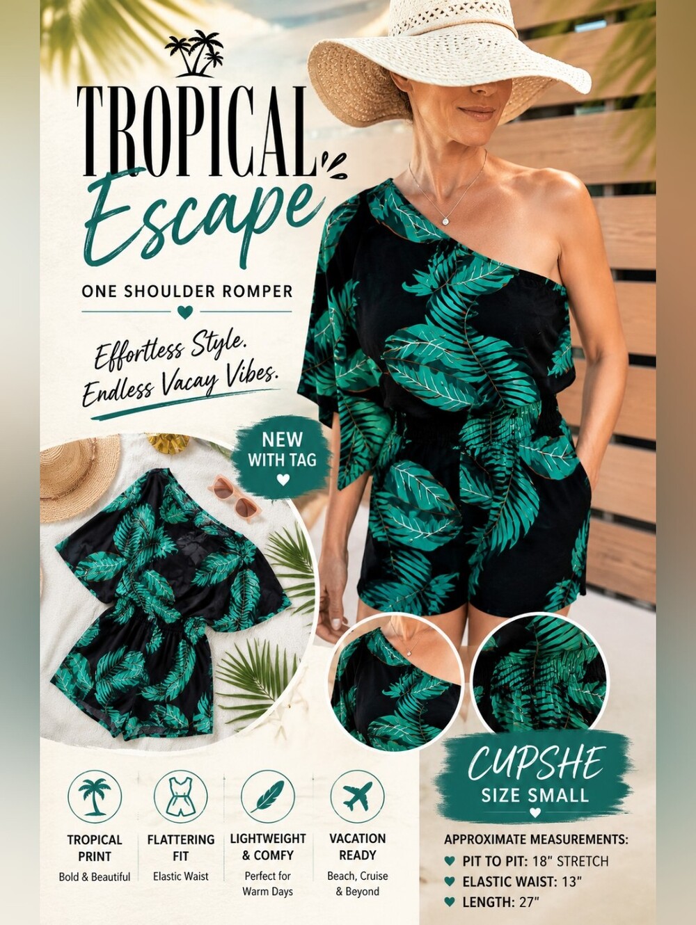 Cupshe One Shoulder Tropical Leaf Romper NWT Size Small Black Green Resort Wear